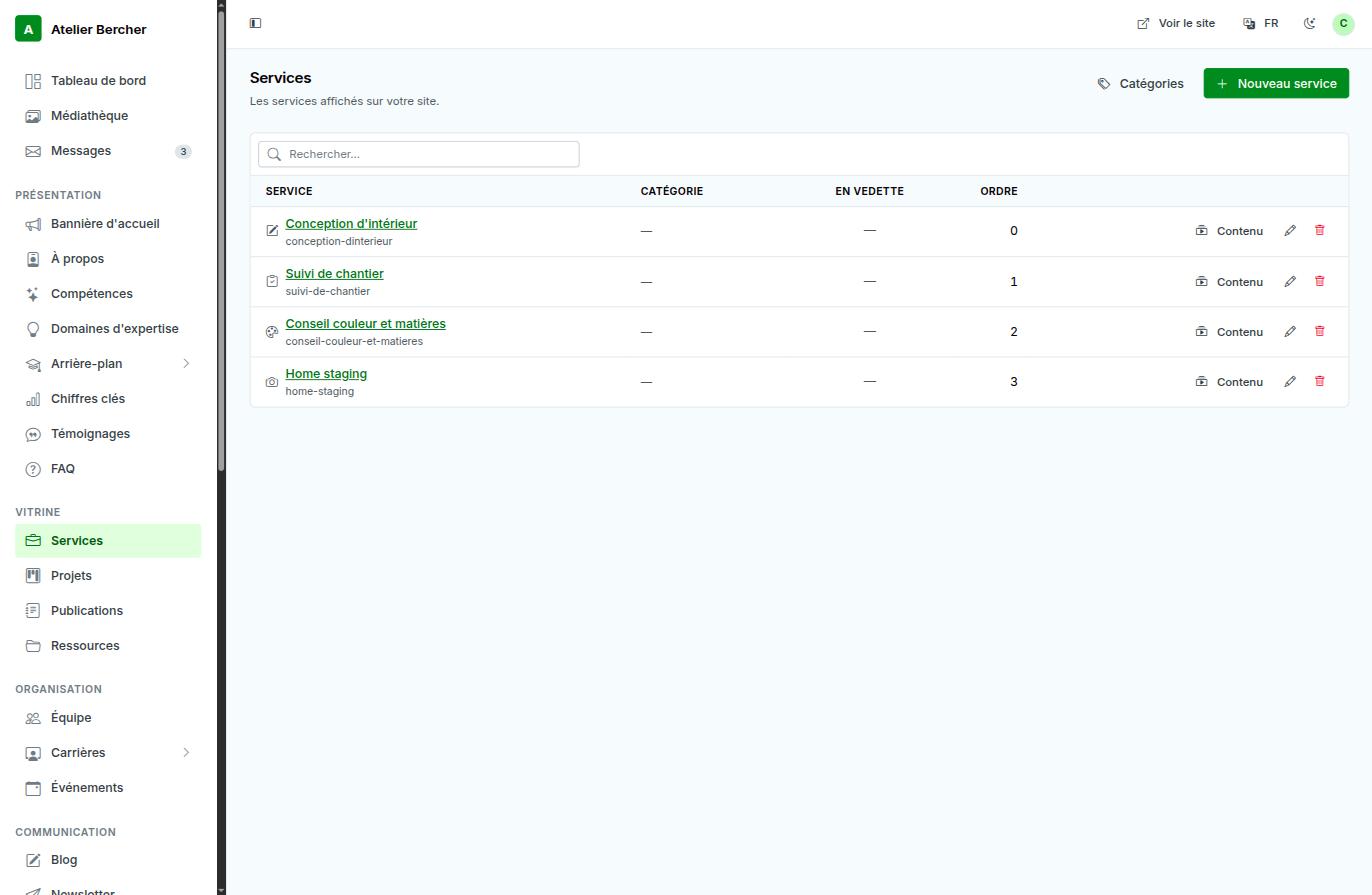 La liste des services dans la console, avec l'ordre, la catégorie et les actions d'édition.